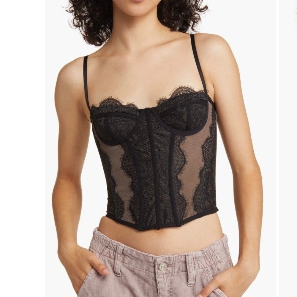 Urban Outfitters Modern Love Corset Bra Top Small Black Lace Mesh Goth Bustier